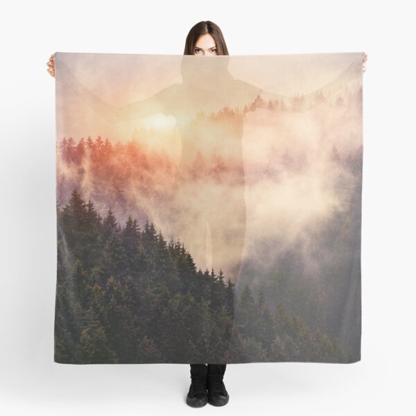 In My Other World // Sunrise In A Romantic Misty Foggy Autumn Fairytale Wilderness Forest With Trees Covered In Fog And Sunlight Scarf