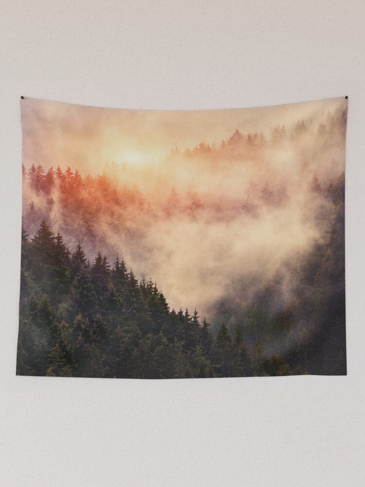 Thumbnail 2 of 3, Tapestry, In My Other World // Sunrise In A Romantic Misty Foggy Autumn Fairytale Wilderness Forest With Trees Covered In Fog And Sunlight designed and sold by tekay.