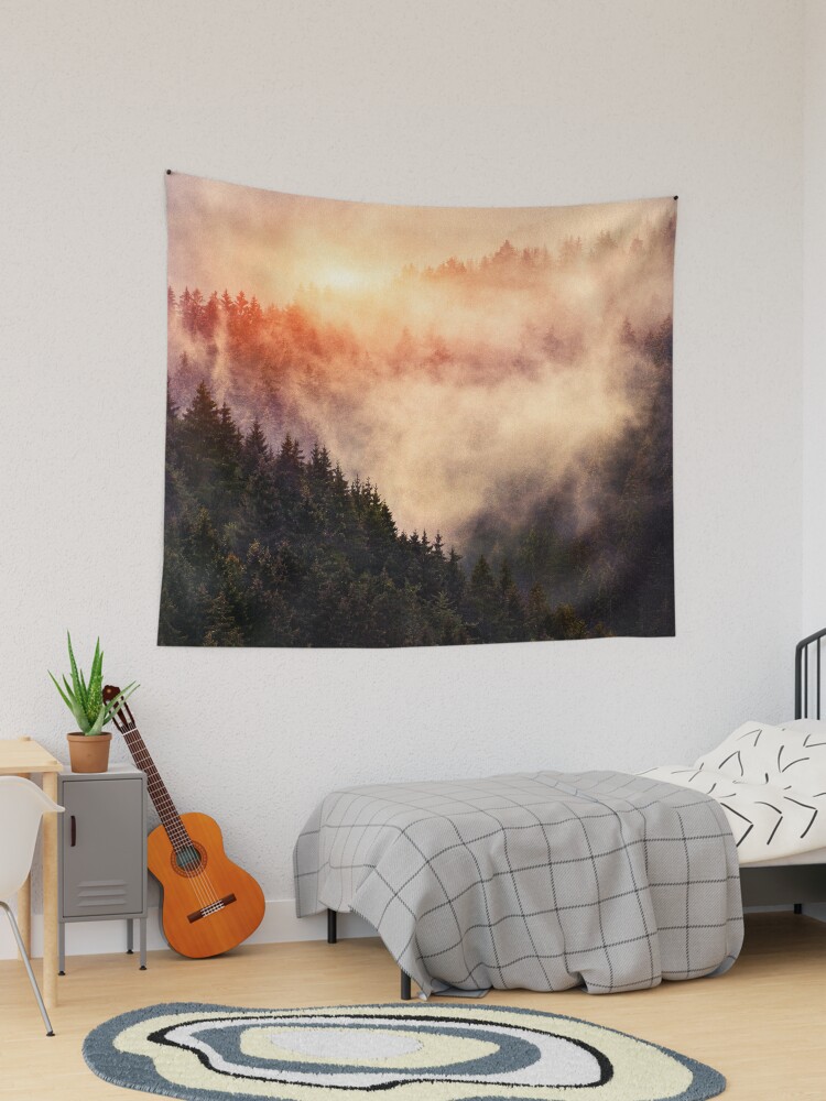 Thumbnail 1 of 3, Tapestry, In My Other World // Sunrise In A Romantic Misty Foggy Autumn Fairytale Wilderness Forest With Trees Covered In Fog And Sunlight designed and sold by tekay.