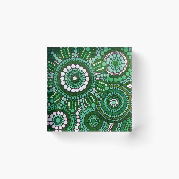 Australian Aboriginal Art Green Pattern Family Gathering Acrylic Block