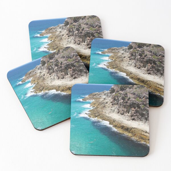 Item preview, Straddie, Stradbroke Island headland, blue ocean waves, clear water, island rocky shoreline designed and sold by Ransyn Art.