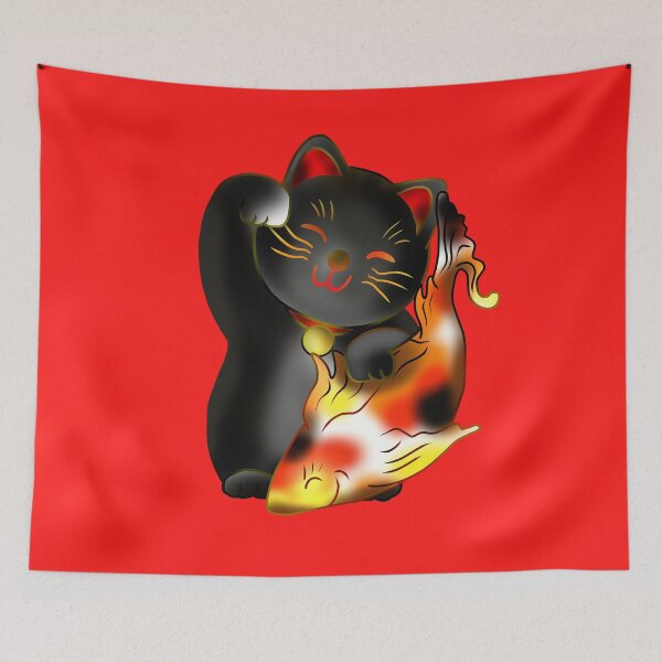 Item preview, Right paw black maneki neko lucky cat with fish designed and sold by CuisineCat.