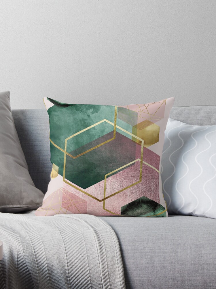 Throw Pillow, Emerald Green and Pink Geo No 1 designed and sold by UrbanEpiphany
