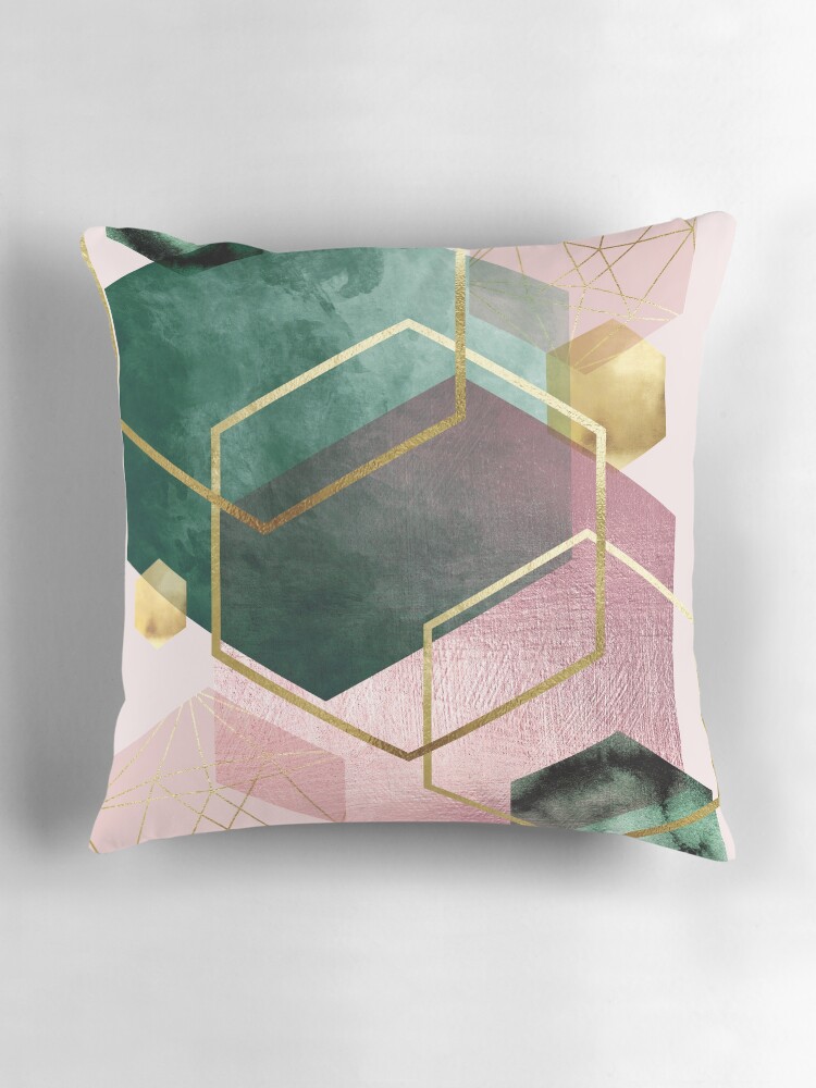 Thumbnail 3 of 4, Pillow, Emerald Green and Pink Geo No 1 designed and sold by UrbanEpiphany.