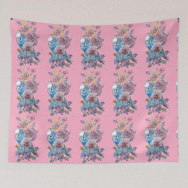 Item preview, Blue Budgie and Rose Watercolor Painting on Pink designed and sold by Sarah  Rajkotwala.