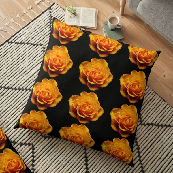 Glimmery Yellow Roses On Black Floor Pillow