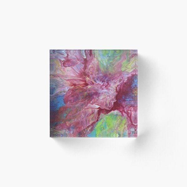 Vibrant Red Spray Abstract Fluid Acrylic Pour Art Acrylic Block