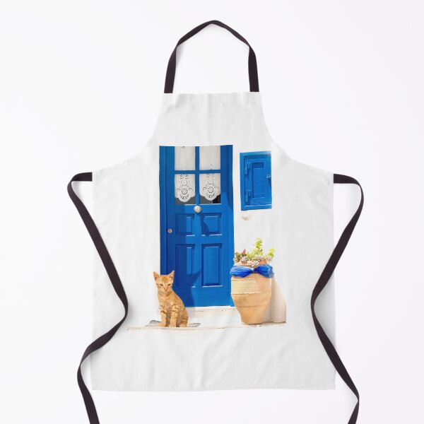 Item preview, Greek Cyclades beauty with classic white and blue color of the houses with a cat outside the door.  designed and sold by KrokoStories.