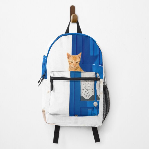 Item preview, Greek Cyclades beauty with classic white and blue color of the houses with a cat outside the door. designed and sold by KrokoStories.