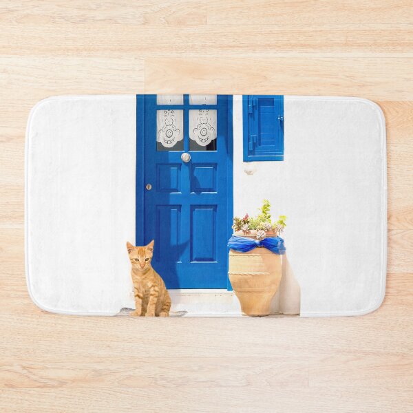 Item preview, Greek Cyclades beauty with classic white and blue color of the houses with a cat outside the door.  designed and sold by KrokoStories.