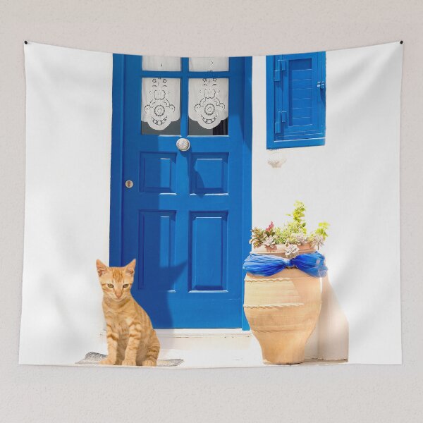 Item preview, Greek Cyclades beauty with classic white and blue color of the houses with a cat outside the door.  designed and sold by KrokoStories.