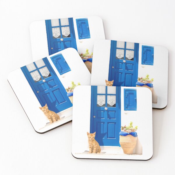 Item preview, Greek Cyclades beauty with classic white and blue color of the houses with a cat outside the door.  designed and sold by KrokoStories.