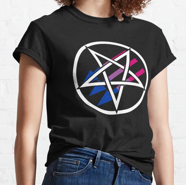 Vista previa del artículo con la obra «Antifascismo satánico - Bi Pride», diseñado y vendido por QueerSatanic.
