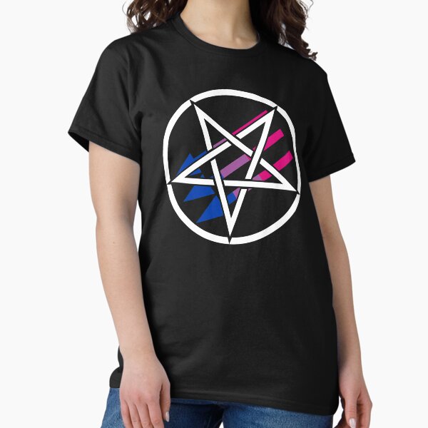 Vista previa del artículo con la obra «Antifascismo satánico - Bi Pride», diseñado y vendido por QueerSatanic.