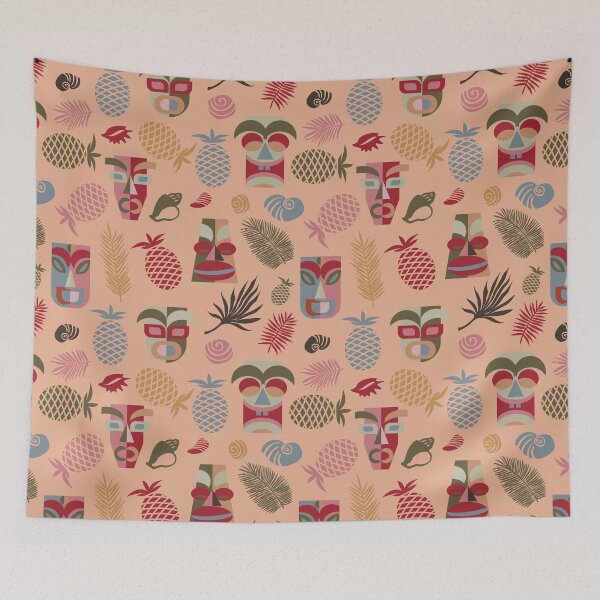 Item preview, tropical tiki masks on peachy pink designed and sold by colorofmagic.