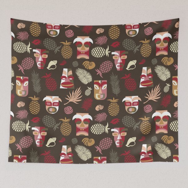 Item preview, tropical tiki masks on dark brown designed and sold by colorofmagic.