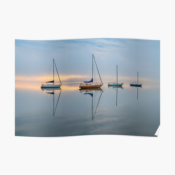 Clouds, boats and reflections on a foggy morning Poster