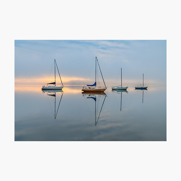 Clouds, boats and reflections on a foggy morning Photographic Print