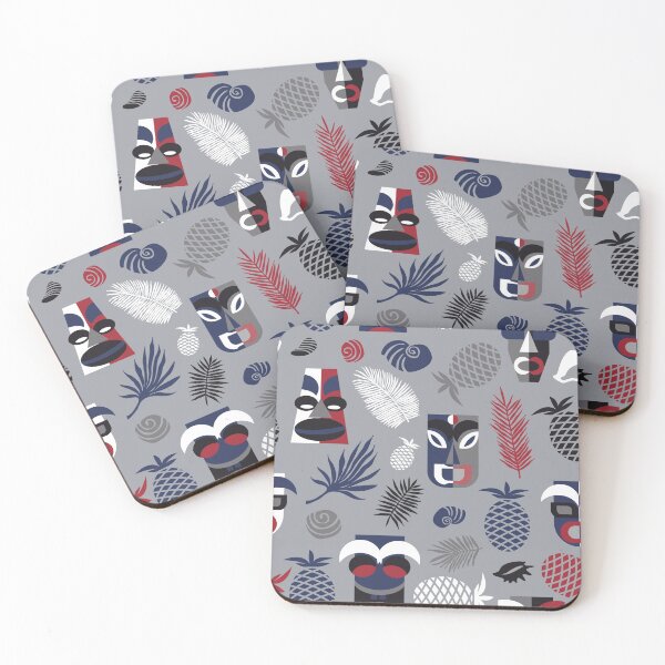 Item preview, Tiki masks on gray seamless pattern designed and sold by colorofmagic.