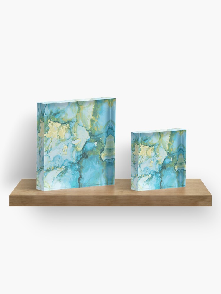 Alternative Ansicht von Edles Aquarell Marmor Design Blau Gelb Gold - abstraktes Wasserfarben Muster Acrylblock