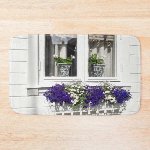 Item preview, Windows of White wooden house with Lobelia and Daisies in Sweden designed and sold by Tanja Dianova.