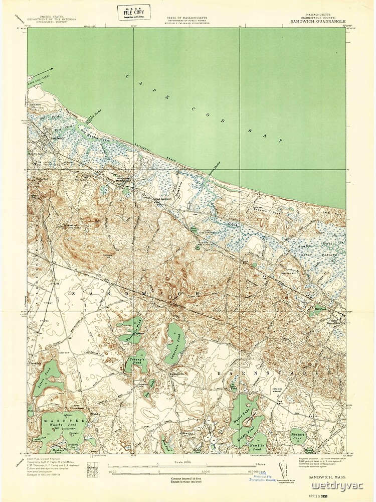 Disover Massachusetts  USGS Historical Topo Map MA Sandwich 350531 1939 24000 Premium Matte Vertical Poster