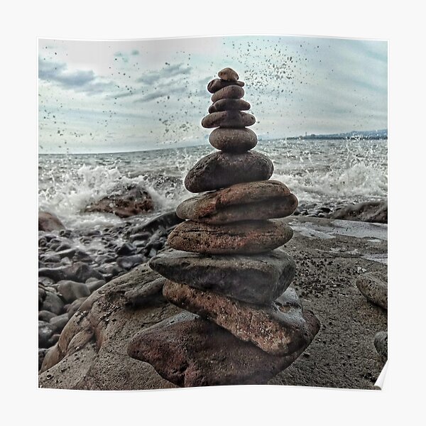 English seaside watercolour painting calm spiritual Zen Stone Pile on the beach