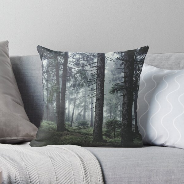 Path Vibes // Wild Romantic Misty Retro Fall Wilderness Fairytale Forest With Cascadia Trees Covered In Magic Blue Fog Season Throw Pillow