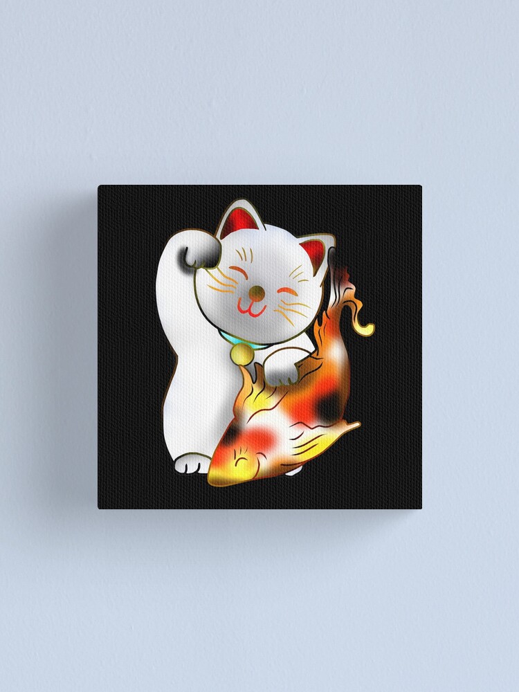 Imagen 1 de 3, Lienzo con la obra Right paw white good luck maneki neko with fish, diseñada y vendida por CuisineCat.