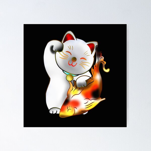 Item preview, Right paw white good luck maneki neko with fish designed and sold by CuisineCat.