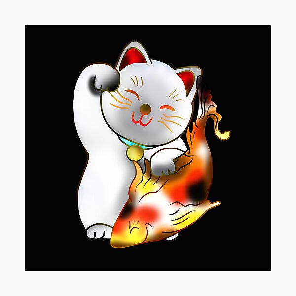 Item preview, Right paw white good luck maneki neko with fish designed and sold by CuisineCat.