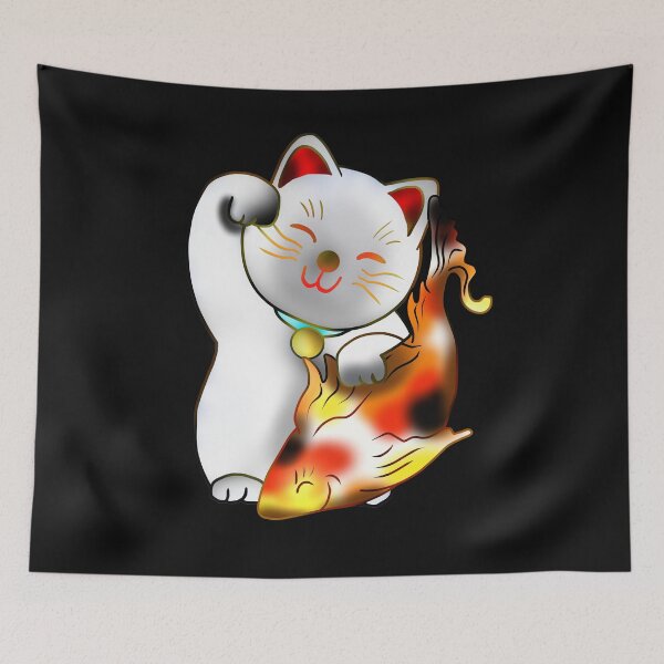 Item preview, Right paw white good luck maneki neko with fish designed and sold by CuisineCat.