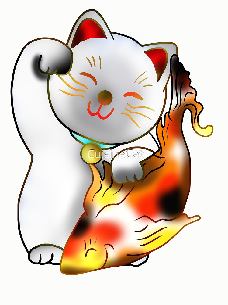 Thumbnail 6 von 6, Pullover, Right paw white good luck maneki neko with fish designt und verkauft von CuisineCat.