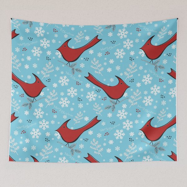Item preview, Merry Christmas Red Cardinals, Snowflakes, Berries on Blue  designed and sold by Cheryl Graham.