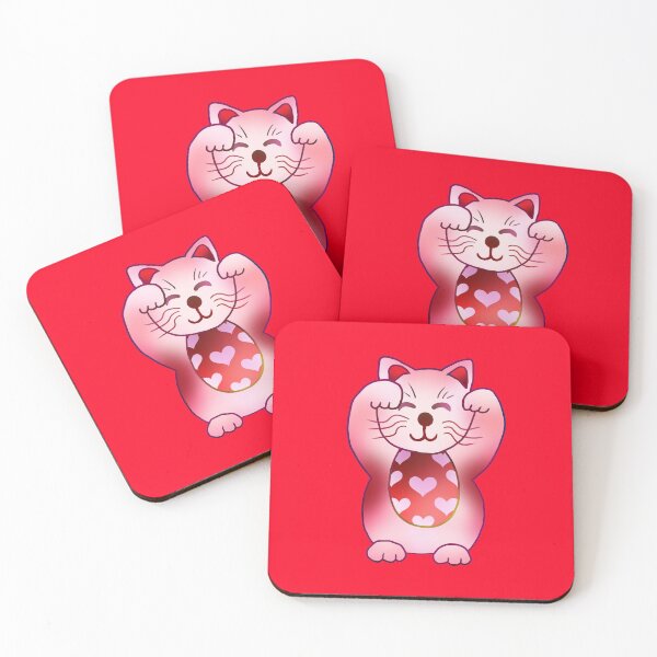 Item preview, Good luck two paws up pink hearts maneki neko lucky cat designed and sold by CuisineCat.