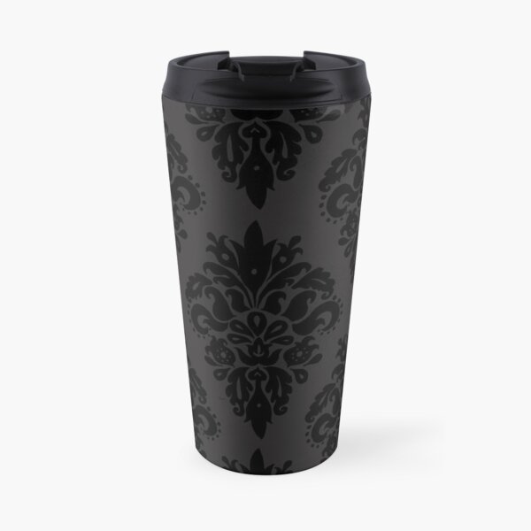 Classic Black and Dark Grey Damask Pattern Travel Coffee Mug