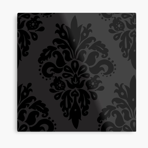 Classic Black and Dark Grey Damask Pattern Metal Print