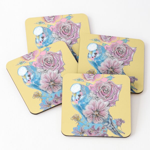 Item preview, Blue Budgie and Rose Watercolor Painting on Yellow designed and sold by Sarah  Rajkotwala.