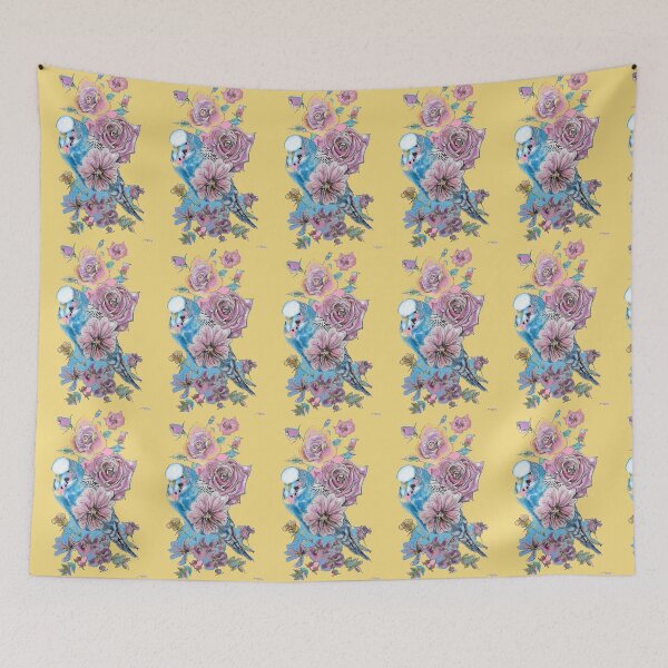 Item preview, Blue Budgie and Rose Watercolor Painting on Yellow designed and sold by Sarah  Rajkotwala.