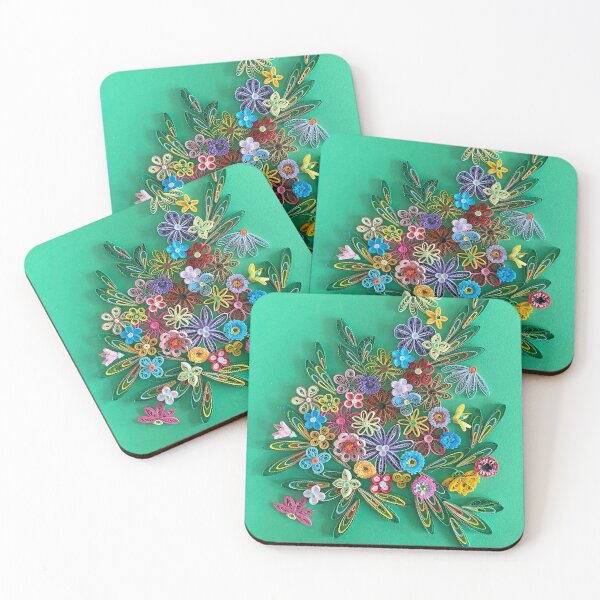 Item preview, Vivid multicolour quilled flowers on teal green background (THIS IS A PRINT) designed and sold by folkyouall.