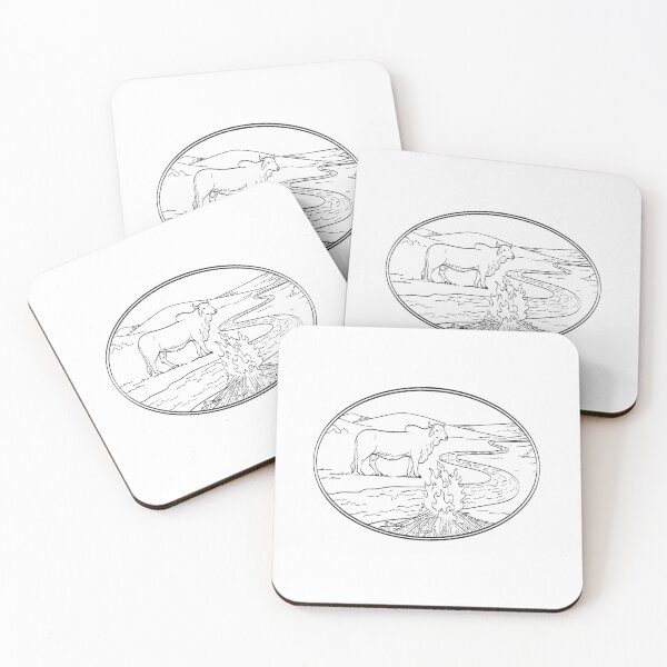 Item preview, Brahman Bull Standing with Winding River or Creek Mountain Range and Campfire Line Art Drawing Tattoo Style Black and White designed and sold by patrimonio.