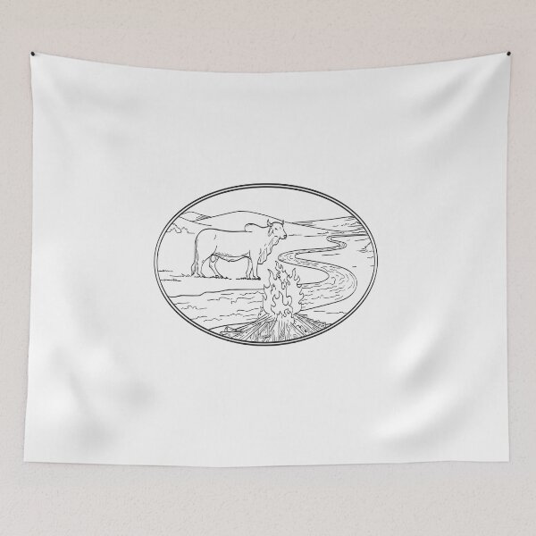 Item preview, Brahman Bull Standing with Winding River or Creek Mountain Range and Campfire Line Art Drawing Tattoo Style Black and White designed and sold by patrimonio.