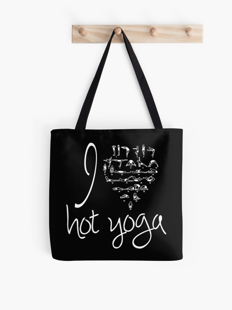 I love Hot Yoga (Love Heart with Bikram Postures) (White/White) Tote Bag  for Sale by ByLara