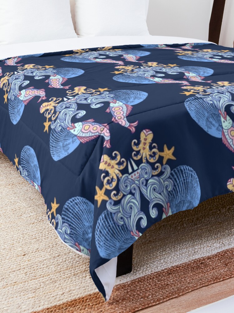 Alternate view of Underwater Sea Creatures Doodle Art Comforter