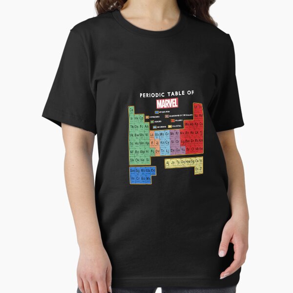 Aperçu de l'œuvre Tableau périodique ultime des éléments Marvel T-shirt graphique créée et vendue par Jaimieshop.
