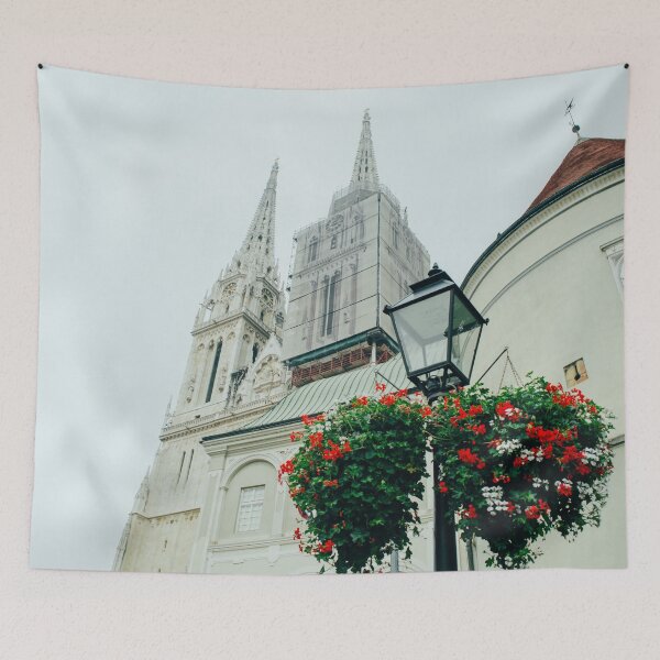 Item preview, Angled view of Zagreb's Cathedral in a cloudy day designed and sold by Carmen Jost.