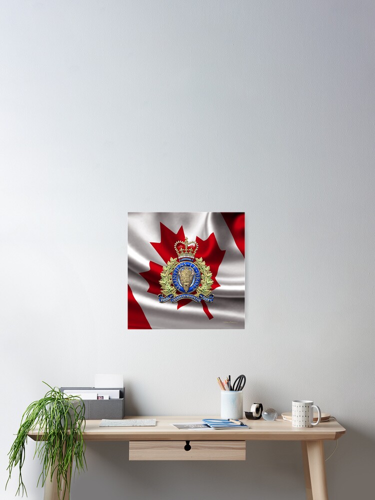 Konigliche Kanadische Berittene Polizei Rcmp Abzeichen Uber Wellenartig Bewegender Flagge Poster Von Captain7 Redbubble