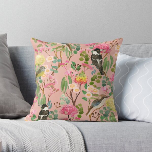 Australian Birds and Blooms Native Flora Chinoiserie Throw Pillow