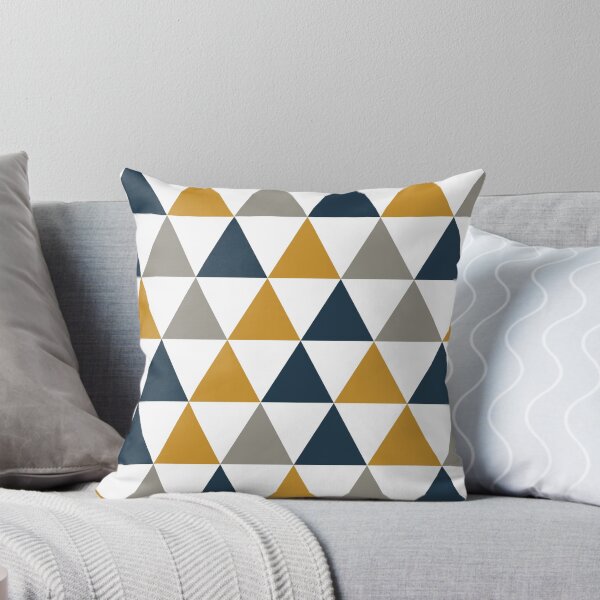 Aperçu de l'œuvre Flèches : motif géométrique minimaliste en moutarde foncée, bleu marine, gris et blanc créée et vendue par kierkegaard.