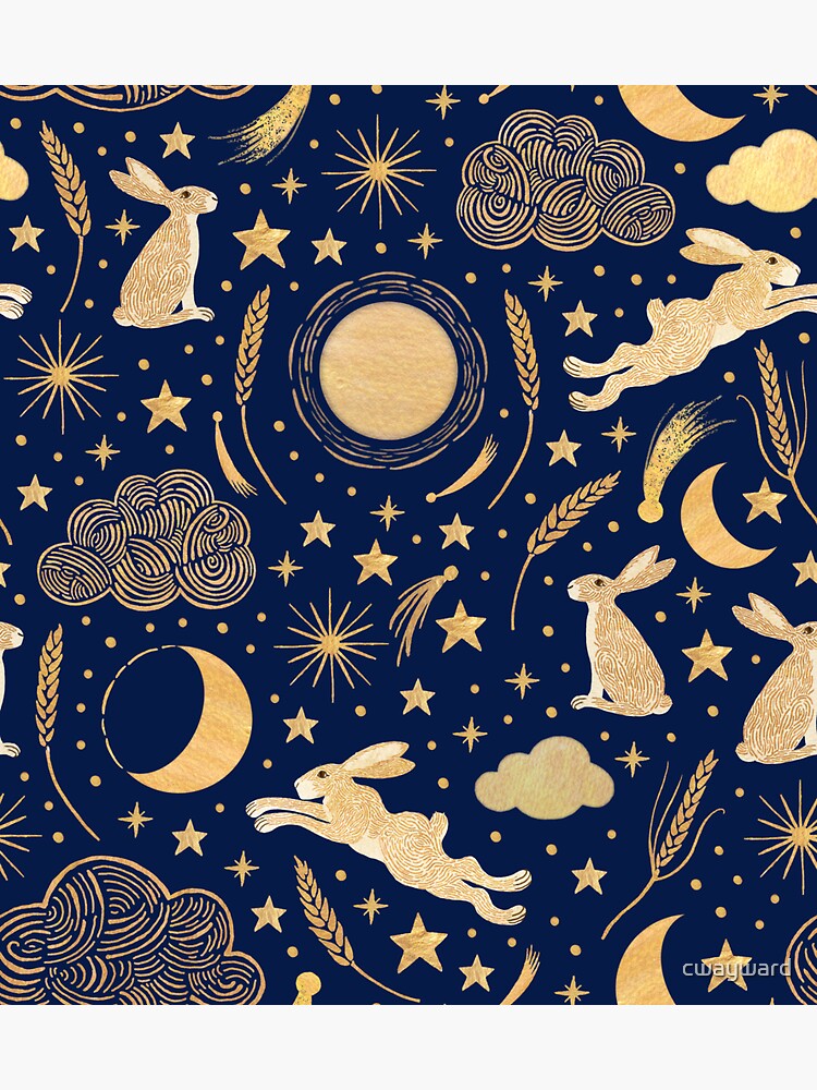 Harvest Moon Hares - Golden on indigo blue by cwayward
